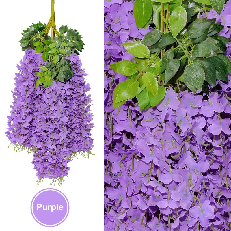 U'Artlines 24 Pack (Total 86.4 Feet) Artificial Fake Wisteria Vine Rattan Hanging Garland Silk Flowers String Home Party Wedding Decor (24, Purple) - Image 3